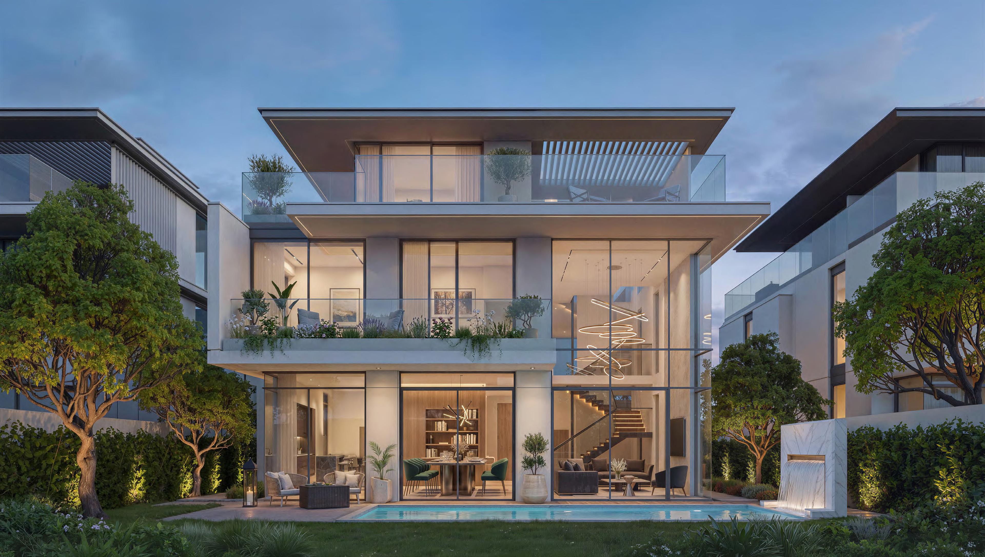 Twilight rendering of an Azizi Florence villa with pool, landscaped garden, and illuminated interiors